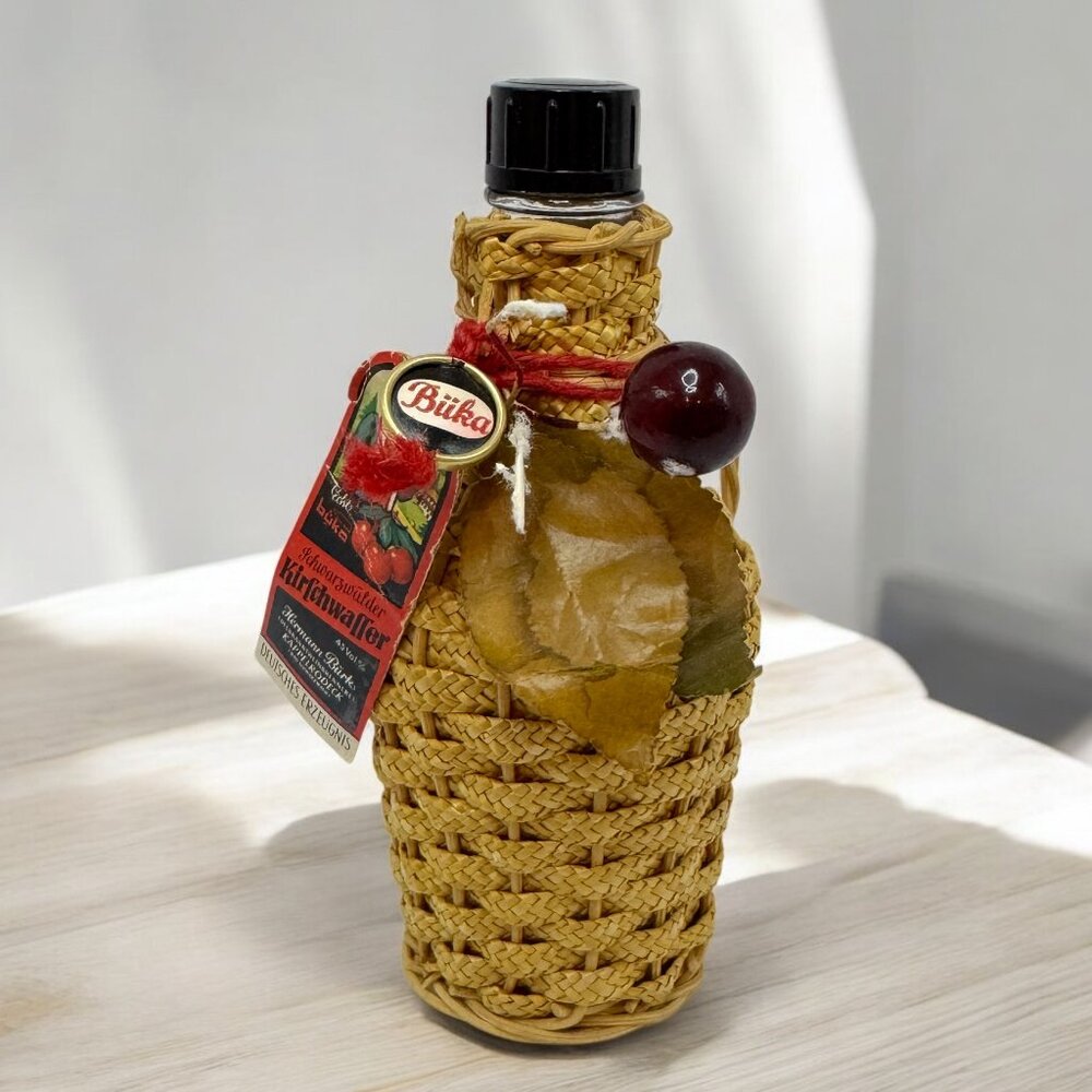 Vintage Small Empty Glass Liquor Bottle Cherry Brandy GERMANY Collectible Wicker